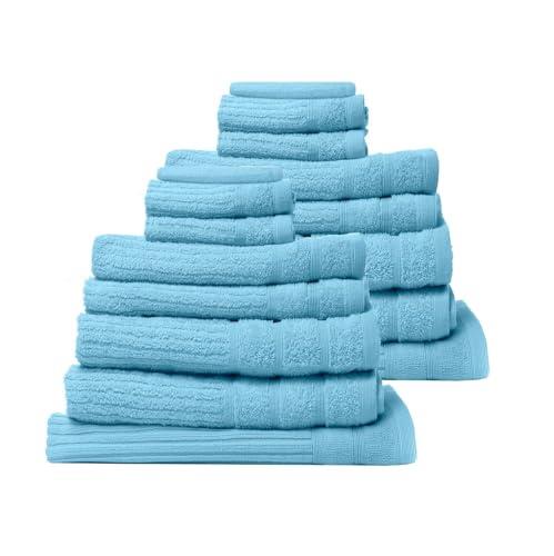Royal Comfort Luxury Bath Towels Set Egyptian Cotton 600GSM Ultra Soft and Absorbent - 4 x Bath Towels, 4 x Hand Towels, 4 x Face Towels, 2 x Bath Mat, 2 x Hand Glove (Aqua, 16 Piece Set)