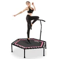 ONETWOFIT 48" Silent Mini Trampoline with Adjustable Handle Bar Fitness Trampoline Bungee Rebounder Jumping Cardio Trainer Workout for Adults or Kids Pink
