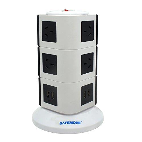 SAFEMORE Origin 3L+ - USB Power Strip 10-Outlet Charging Station with 4 Smart USB Ports and 2-Metres Power Cord (White/Black)