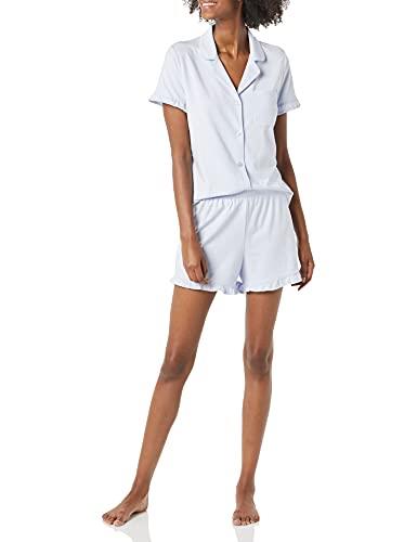 Amazon Essentials Women's Cotton Modal Piped Notch Collar Pajama Set (Available in Plus Size), Pale Blue, Medium
