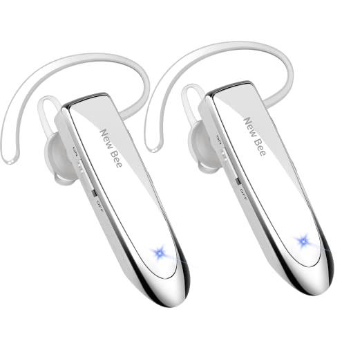 [2 Pack] New bee Bluetooth Earpiece Wireless Handsfree Headset 24 Hrs Driving Headset 60 Days Standby Time with Noise Cancelling Mic Headsetcase for iPhone Android Samsung Laptop Truck Driver(Silver)