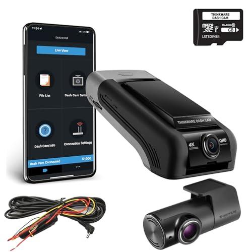 Thinkware U1000 Dash Cam - 4K UHD 2160p Front & 2K QHD Rear Dash Camera with Built-in Wi-Fi & Hardwire Lead for Battery Safe Parking Mode - Includes 64GB SD Card - Android/iOS Cloud App, Black