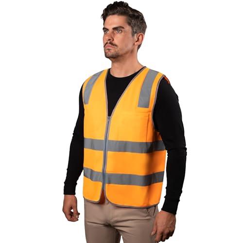 Hi-Vis Day/Night Zip Safety Vest - High Visibility Reflective Vest with 50mm Micro Prism Tape - Lightweight, Breathable, Easy Closure - Orange - S