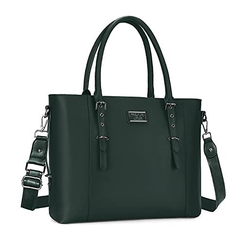 MOSISO PU Leather Laptop Tote Bag for Women (17-17.3 inch), Midnight Green