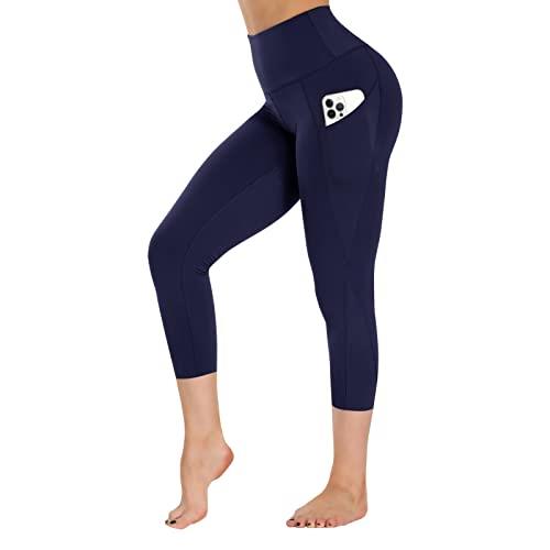 Gayhay Women's Capri Yoga Pants with Pockets - High Waist Soft Tummy Control Strechy Leggings for Workout Running (Navy Blue, Large)