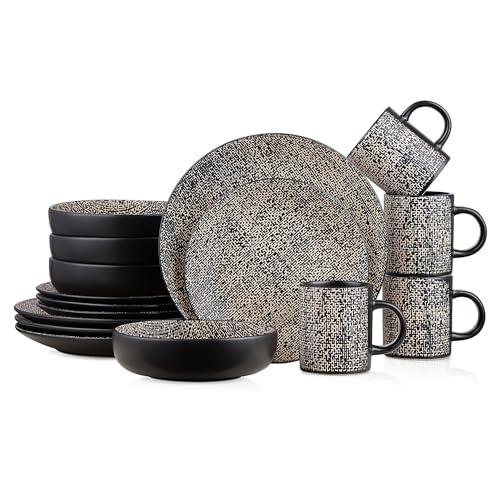 Stone Lain Sophie Rustic Stoneware Dinnerware Service for 4, Brown and White Textured, Plates and Bowl Set, 16 Pieces