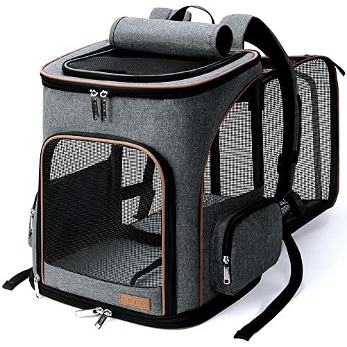 Lekereise Cat Backpack Expandable Pet Carrier Backpack for Small Cats and Dogs, Airline-Approved Foldable Dog Carrier Backpack with Inner Safety Leash, Grey