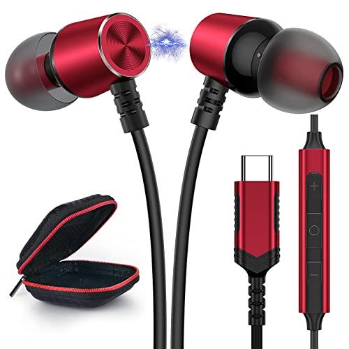 TITACUTE USB C Headphone, Type C Earphone Magnetic Wired Earbud for Samsung S22 Ultra S21 S20 FE Galaxy Z Flip 4 Fold A53 A33 Google Pixel 7 6 Noise Canceling Stereo inEar Headset with Microphone Red