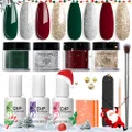 Modelones Christmas Dip Powder Nail Kit Starter, 4 Colors Winter Sparkle Dark Green Red Glitter Silver Champagne Rose Gold Dipping Powder Liquid Set with Base Top Coat Activator for DIY Salon Gift Set