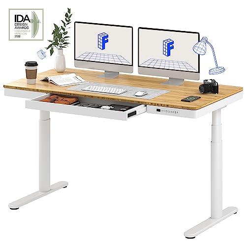 FLEXISPOT Q8 120 CM Bamboo Desktop w/Wireless Charging, Electric Standing Desk with Drawers, Dual Motor 3 Stages Sit Stand up Desk with Cable Management Tray (White Oval Legs + Bamboo Top, 2 Packages)