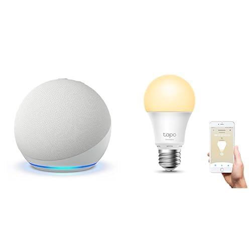 Echo Dot (5th Gen) | Glacier White + TP-Link Tapo Smart Wi-Fi Light Bulb, Dimmable Soft Warm White - E27