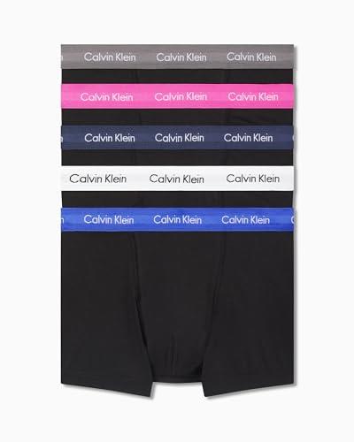 Calvin Klein Men's Cotton Stretch Trunk, Black with Dazzling Blue/Eiffle Tower/Fuchsia Fedora/Spell Bound/White Waist Bands, Small (Pack of 5)