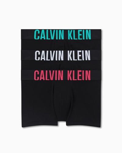 Calvin Klein Men's Intense Power Cotton Trunk, Black Bodies with White/Fuchsia Fedora/Atlantis Logo Waist Bands, Large (Pack of 3)