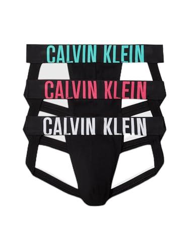 Calvin Klein Men's Intense Power Cotton Jock Strap, Black Bodies with White/Fuchsia Fedora/Atlantis Logo Waist Bands, Small (Pack of 3)