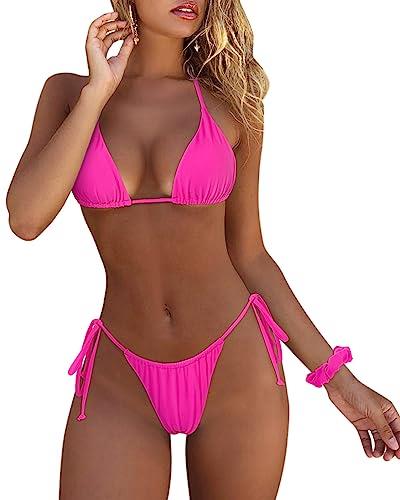 MOSHENGQI Women Sexy Brazilian Bikini 2 Piece Spaghetti Strap Top Thong Swimsuit Bathing Suit, 0rose Red, Large