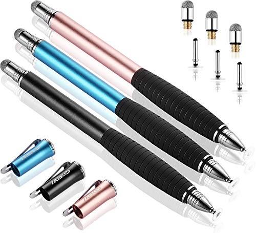 MEKO (2nd Gen)[2 in 1 Precision Series] Universal Disc Stylus Touch Screen Pen for iPhoneiPadAll other Capacitive Touch Screens Bundle with 6 Replacement Tips Pack of 3 ( Black/Rose Gold/Aqua Blue)
