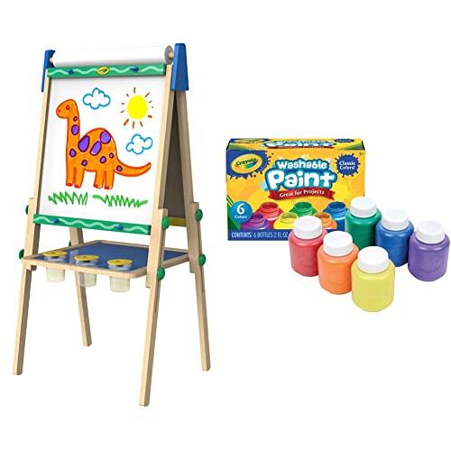 CRAYOLA Wooden Art Easel Easel, Adjustable, Dual-Sided, Whiteboard, Chalkboard, Convenient Storage, Perfect for Little Artists! & 54-1204 Washable Kids Paint, Pack of 6