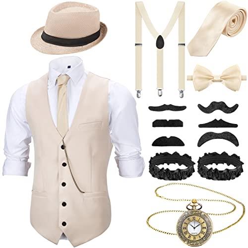 SATINIOR 1920s Men's Accessories Clothing Costume Outfit with Vest Fedora Hat Pocket Watch Suspenders Tie for Man (Beige,Medium)