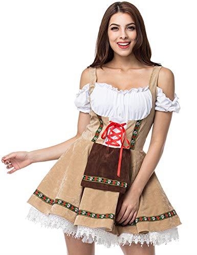 GRAJTCIN Womens Oktoberfest Costume, Velvet German Bavarian Dress for Halloween Carnival (X-Large, Khaki)