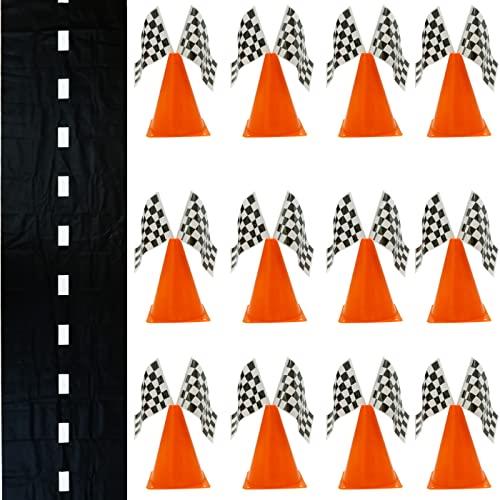 4E's Novelty 37 Pcs Set - Racetrack Floor Runner, 12 Traffic Cones, 24 Checkered Flags for For Race Car Birthday Party Supplies, Racing Theme Decorations for Kids by