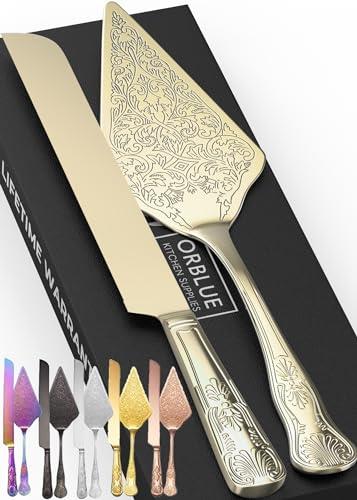 Orblue Wedding Cake Knife and Server Set - Premium, Beautifully Engraved Cutting Set - Elegant Keepsake for Newlyweds - Light Gold