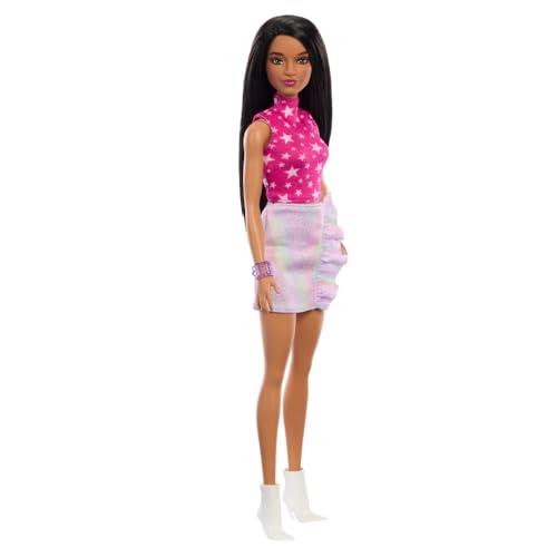 Barbie Fashionistas Doll #215 with Black Straight Hair, Pink Star-Print Top & Iridescent Skirt, 65th Anniversary Collectible Fashion Doll