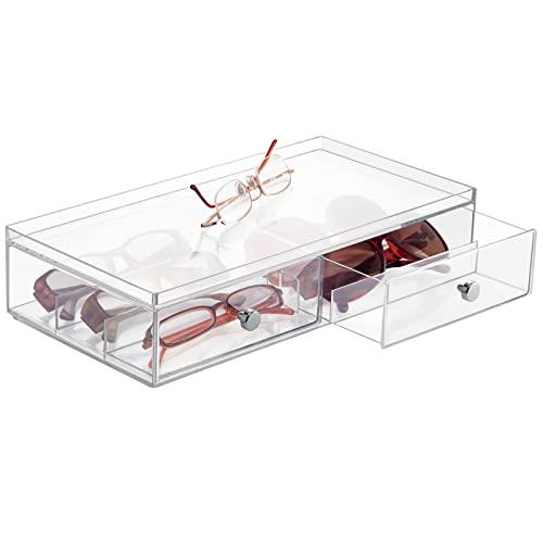 mDesign Wide Stackable Plastic Eye Glass Organizer Box Holder for Sunglasses, Reading Glasses, Lens Cleaning Cloths, Accessories - 2 Divided Drawers with 6 Sections, Chrome Pulls, Clear