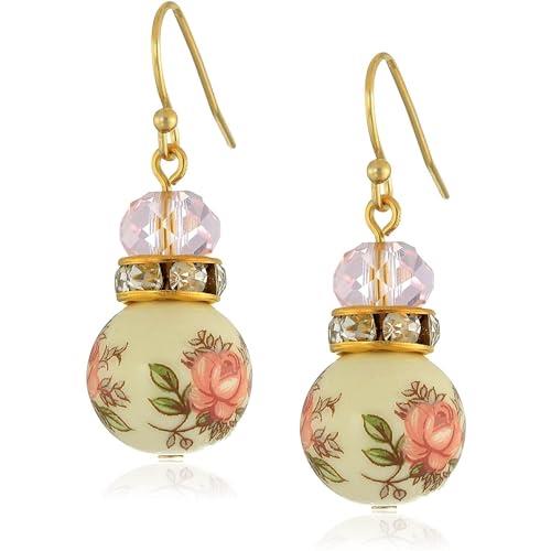 1928 Jewelry Pink Floral Decal Beaded Drop Earrings, Small, Metal, No Gemstone