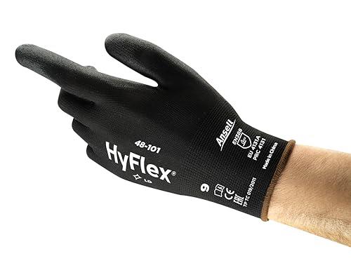 Ansell HyFlex Thin Work Gloves with Flexible PU Coating, Black, Large (12 Pairs)