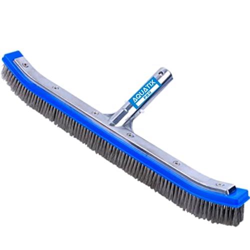 Aquatix Pro Pool Brush, 18" Heavy Duty Aluminium Back, Curved Ends for Corners, Scrub Brush w/Stainless Steel Bristles & EZ Clip, Swimming Pool Brushes for Cleaning Pool Walls, Tiles, Floors & Steps