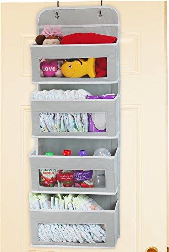 SimpleHouseware 4 Pockets Over The Door Storage Hanging Organiser with Clear Window, Grey