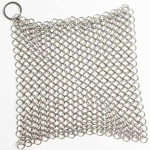 FlavorMaster Chainmail Scrubber for Cast Iron Pans - Works Great Easy to Clean Removes Stuck on Food - Double Strength Cast Iron Skillet Cleaner Scraper