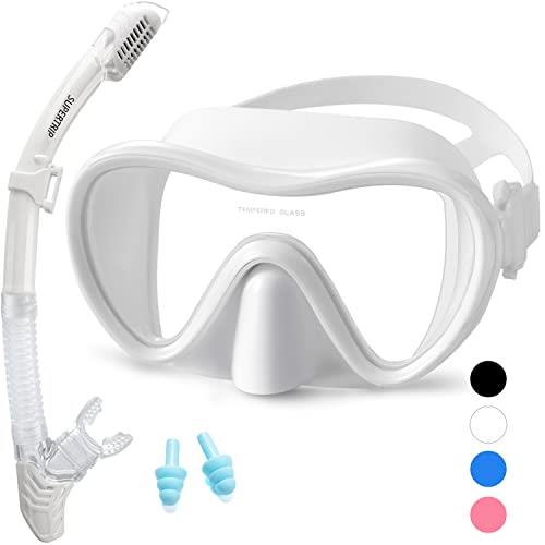 Supertrip Snorkel Set Adults-Anti-Fog Film Scuba Diving Mask Impact Resistant Panoramic Tempered Glass Easybreath Anti-Leak Dry Top Snorkeling Packages with Waterproof Case & Carrying Bag (White)