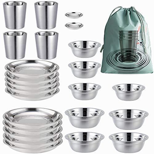 Stainless Steel Plates,Bowls,Cups and Spice Dish. Camping Set (24-Piece Set) 3.5inch to 8.6inch. Camping, Hiking, Beach,Outdoor Use Incl. Travel Bag