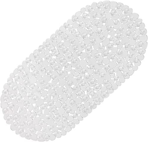WELTRXE Pebbles Bath Mat Clear Non-Slip Bathtub Mat with Suction Cups, Drain Holes for Bathroom Showers, Tub, Machine Washable, BPA, Latex Free Safe Shower Mats, Oval 27 x 14 Inch