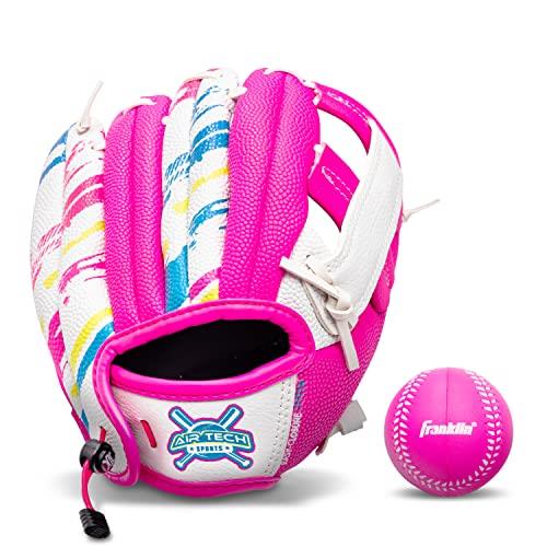 Franklin Sports Air Tech Baseball Glove with Ball - Tee Ball - Soft Air Tech Foam - White/Pink