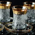 Vintage Turkish Tea Glasses Cups Saucers Set of 6 for Women Glassware Drinking Party Teapot Style Teacups Moroccan Persian Coffee Adults Fancy Decorative Tray Gold Drinkware, Tea Set, Tea Cups