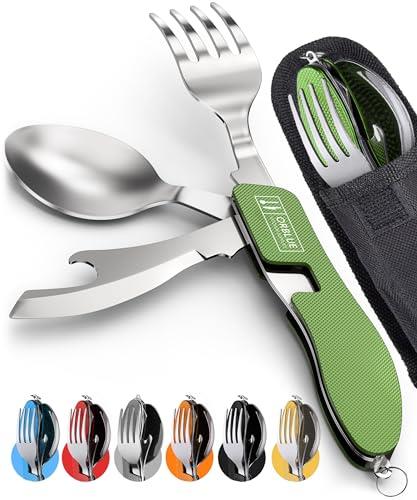 Orblue 4-in-1 Camping Utensils, 2-Pack, Portable Stainless Steel Spoon, Fork, Knife & Bottle Opener Combo Set - Travel, Backpacking Cutlery Multitool, Army Green