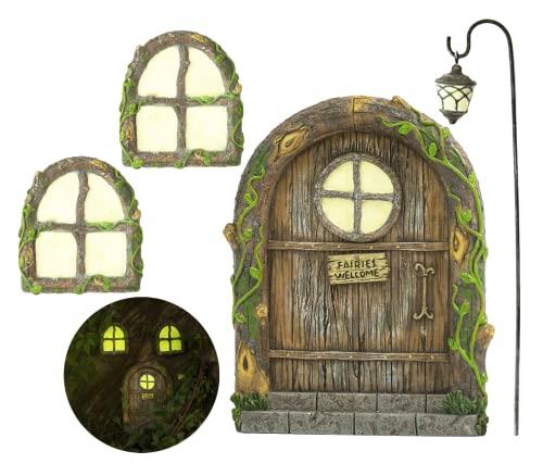 Fairy Door and Windows for Trees – Glow in The Dark Yard Art Sculpture Decoration for Kids Room, Wall and Trees Outdoor | Miniature Fairy Garden Outdoor Decor Accessories with Bonus Fairy Lantern
