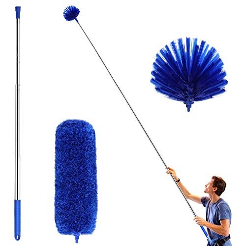 Ceiling Fan Duster with Extension Pole, Cobweb & Corner Brush Cleaning Kit w 2 Duster Heads for Cleaning,15-100 Inch Long Handle Aluminum Telescoping Pole, Washable（Blue）