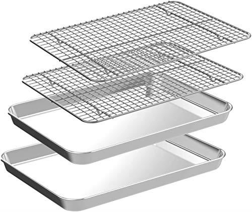 CEKEE Quarter Sheet Pan with Cooling Rack Set [2 Baking Sheets + 2 Baking Racks], Stainless Steel Cookie Sheets for Baking and Wire Rack - Rust & Warp Resistant & Nonstick, Size 12 x 9.8 x 1 Inch