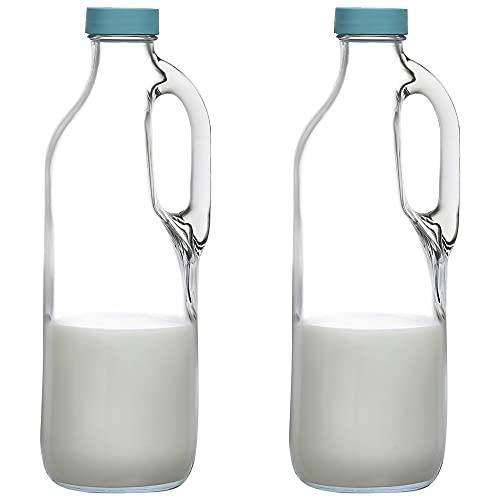 2 Pc 47oz Clear Glass Milk Bottles Glass Pitcher with Handle and Lids - Airtight Milk Container for Refrigerator Jug Water Juice Heavy Milk Bottle Liquid Containers for Kitchen