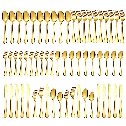 Gold 60-Pieces Flatware Set for 12, Silverware Set Cutlery Set Include Knife Fork Spoon for Kitchen, Hotel, Restaurant, Dishwasher Safe