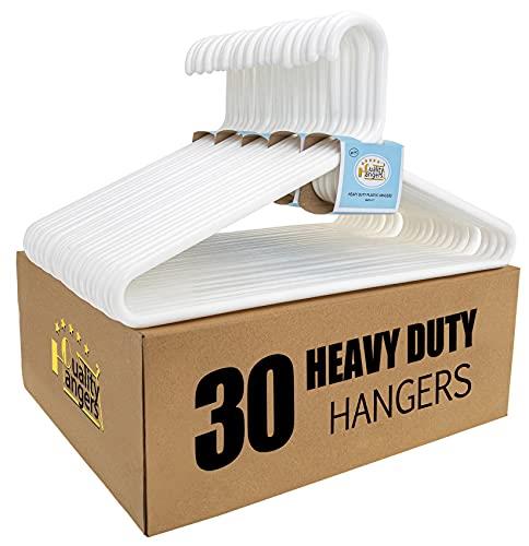 Quality White Hangers 30-Pack - Super Heavy Duty Plastic Clothes Hanger Multipack - Thick Strong Standard Closet Clothing Hangers with Hook for Scarves and Belts-17 Coat Hangers (White, 30)