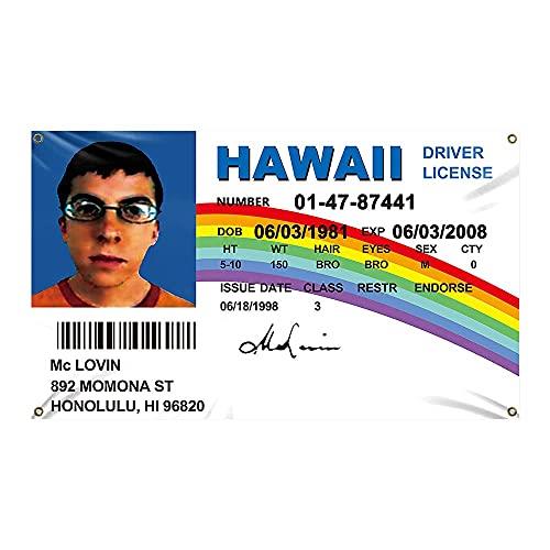 McLovin ID Flag 3x5Ft Fake Driver License Banner 3x5 Ft Funny Poster UV Resistance Fading & Durable Man Cave Wall Flag with Brass Grommets for College Dorm Room Decor,Outdoor And indoor