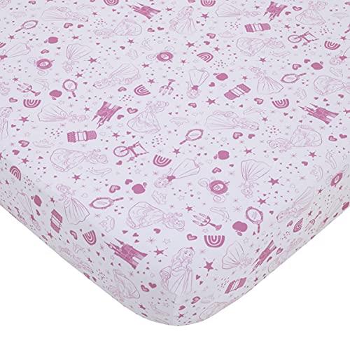 Disney Princess - Dare to Dream White & Pink Castle, Hearts & Stars Fitted Crib Sheet, Pink, White
