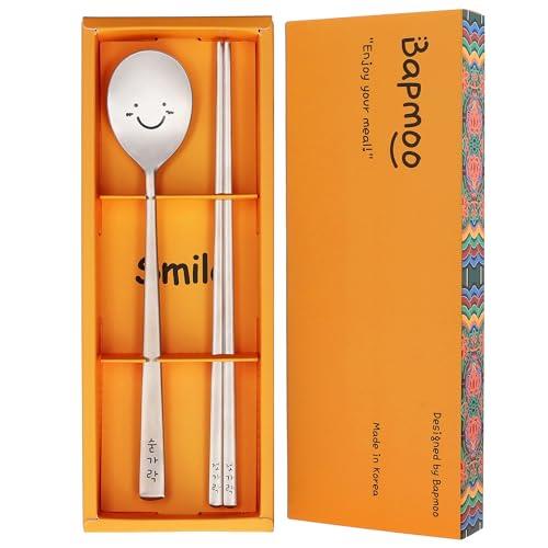 BAPMOO Korean Chopsticks and Spoon Set Combinations Reusable Long Handle Metal Stainless Steel Good for Gift Happy Face & Hangul Characters Engraved Silver