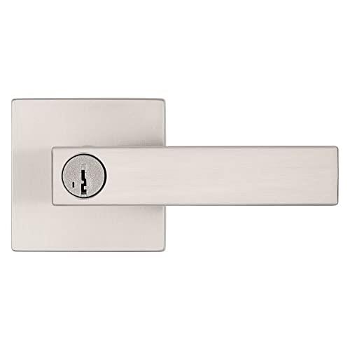 Kwikset Singapore Entry Door Handle with Lock and Key, Secure Keyed Reversible Lever Exterior, for Front Entrance and Bedrooms, Satin Nickel, Pick Resistant Smartkey Rekey Security and Microban
