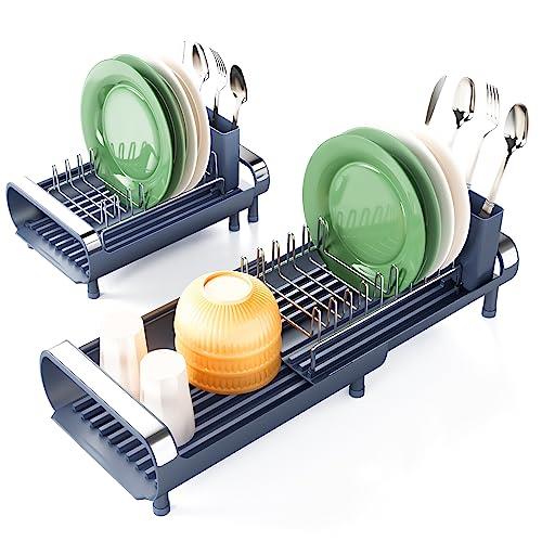 Dish Drying Rack, Kitchen Counter Small Drainers Rack Expandable(11" to 19.3"), in Sink Auto-Drain Compact Stainless Steel Strainers with Utensil Caddy, Grey