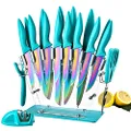 Rainbow Knife Set 18 Pcs Kitchen Knives Set Sharp Stainless Steel Knife Sets Contain 8 Steak Knives Sharpener Peeler Clear Acrylic Stand Beautiful Knife Best Gift (Turquoise 18PCS Set)